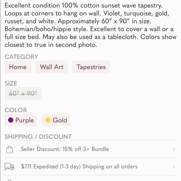 100% Cotton Sunset Wave Tapestry - Picture 3 of 3